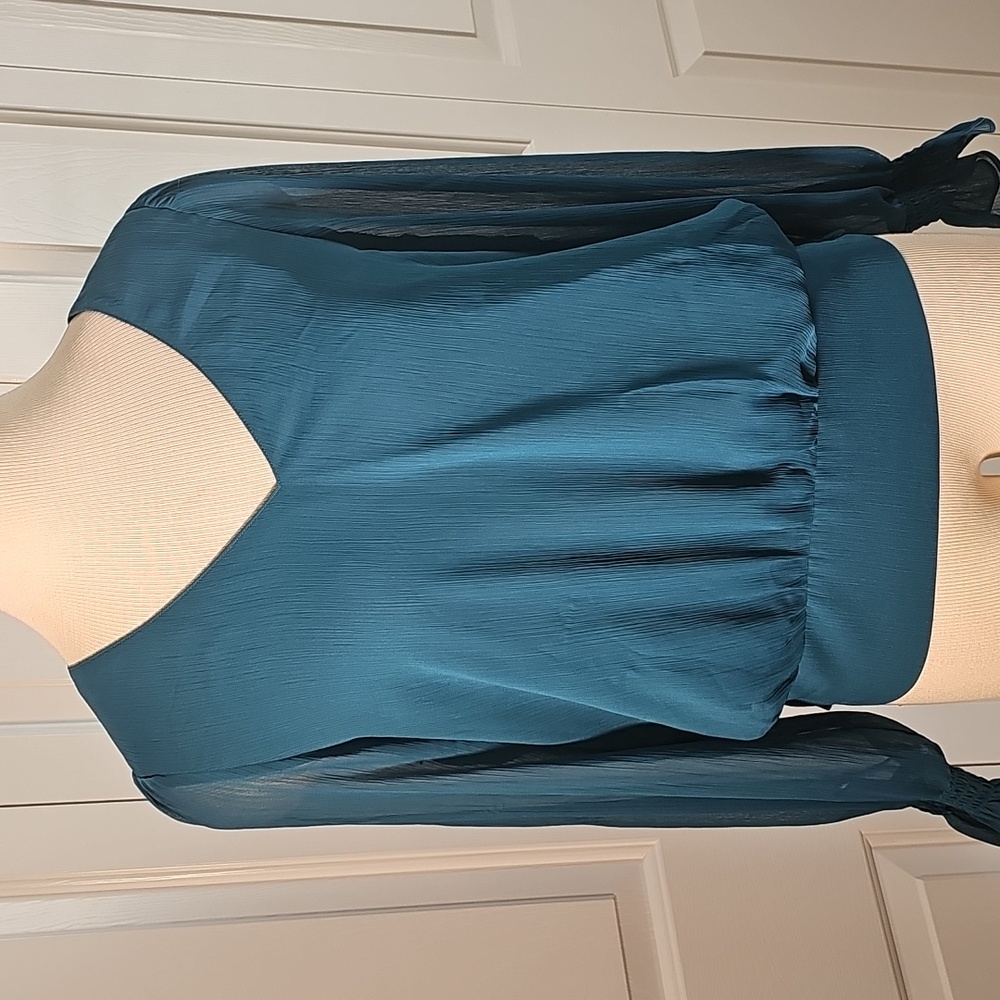 Ann Taylor Teal V-Neck Blouse, Size Small. Sheer, Lined.
